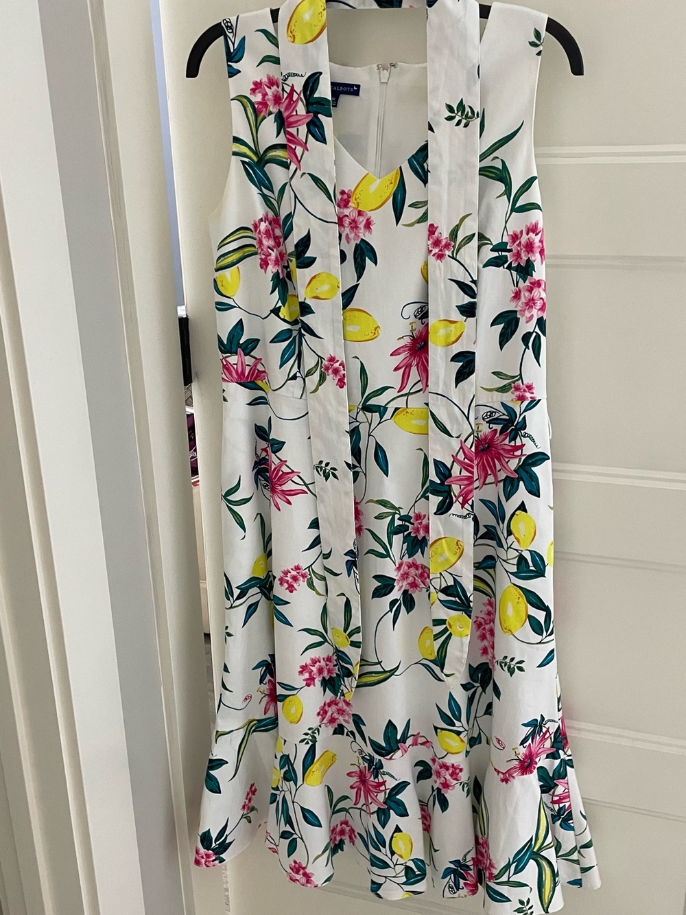 Talbots White Midi Dress with Yellow Lemon & Pink Floral Pattern